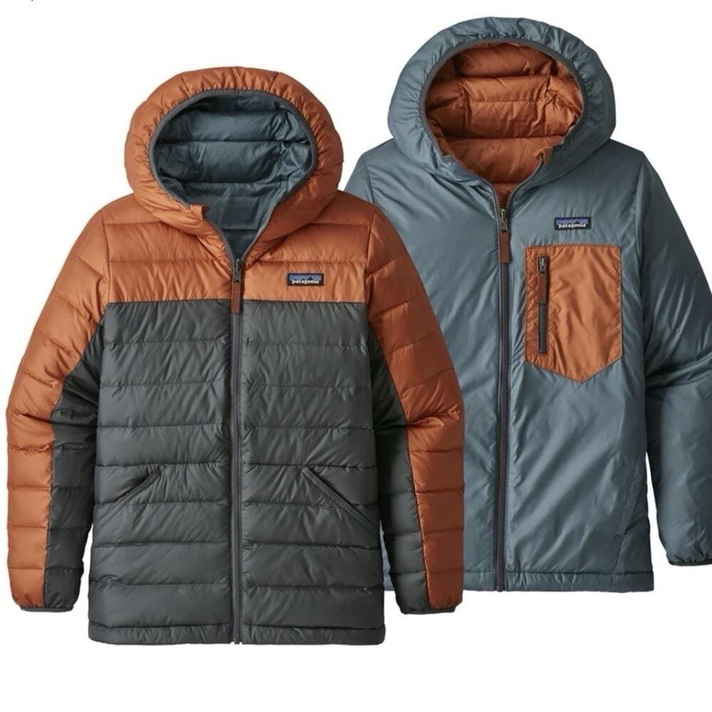 Patagonia Boys Reversible Down Puffer Jacket Hooded Grey Orange Sz Unsure